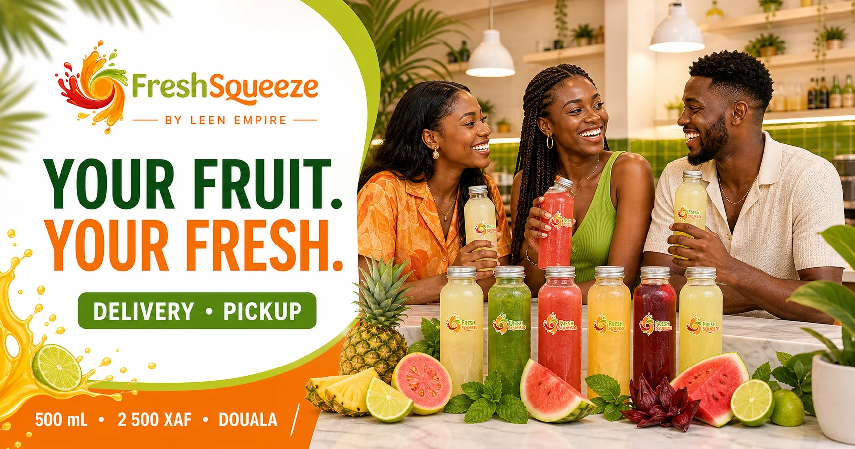Young Cameroonian friends enjoying FreshSqueeze fruit drinks in a modern juice bar